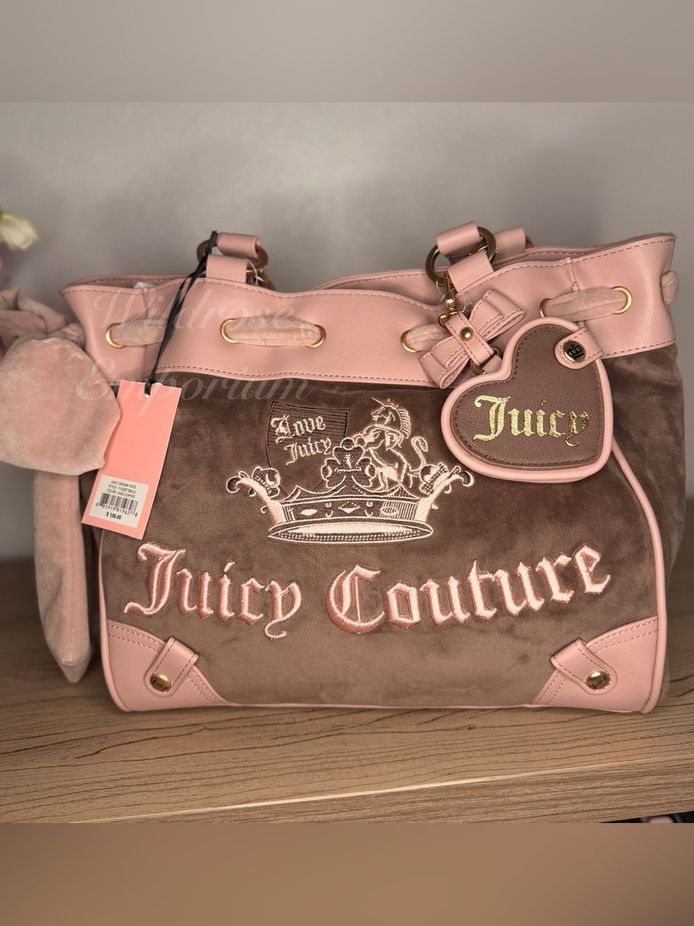 Juicy Couture Crown Princess Velour iced coffee brown pink daydreamer Tote bag